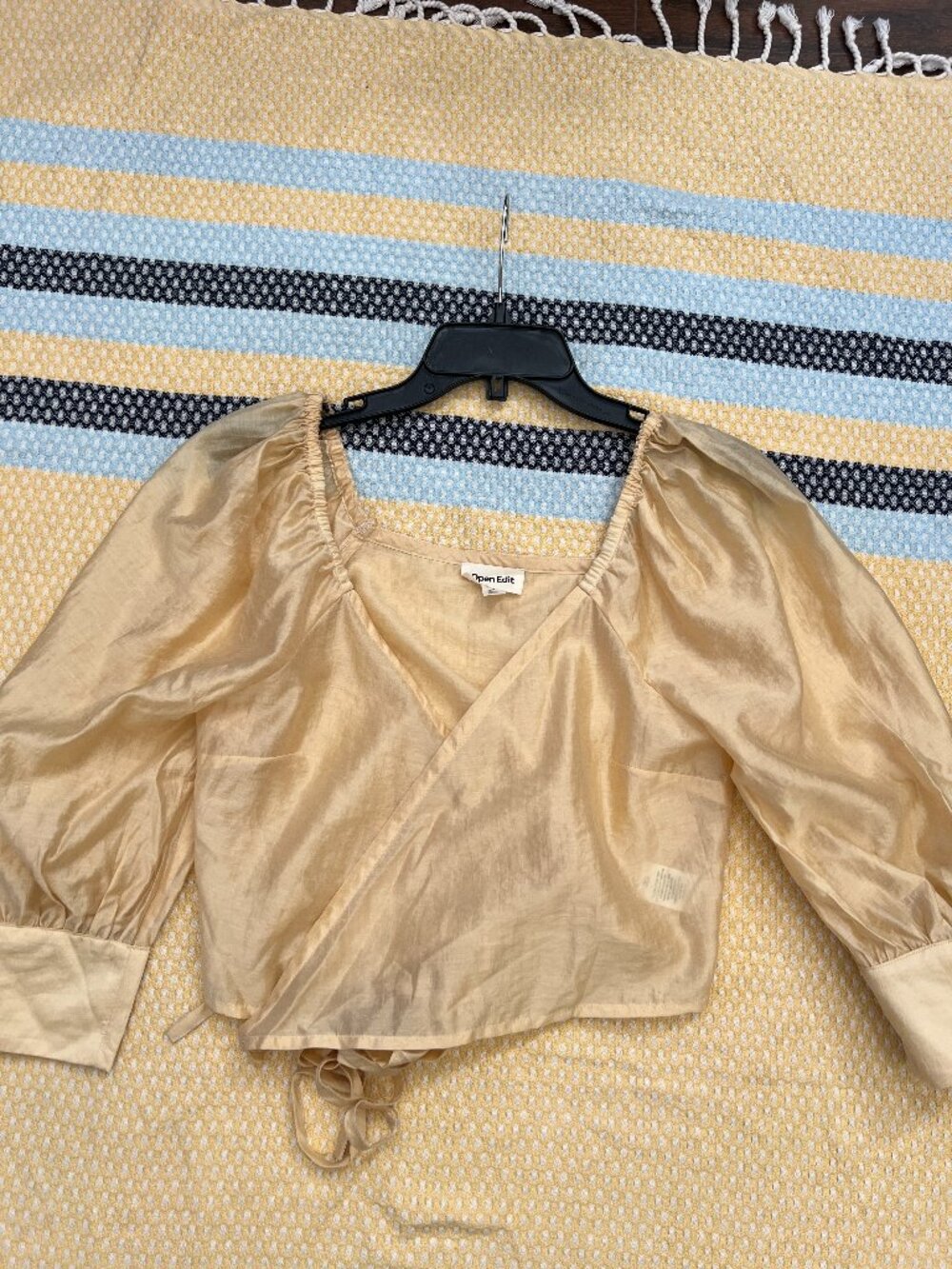 Open Edit Pastel Yellow Sheer Puff Sleeve Wrap Top Size Medium